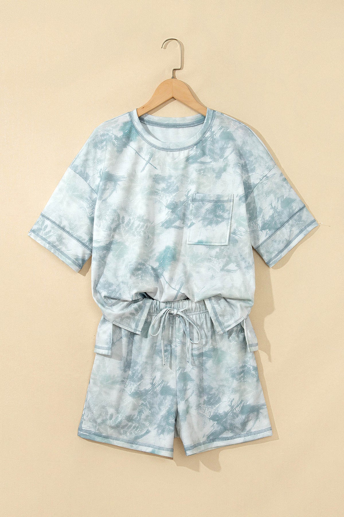 Women's Green Casual Camouflage Short-Sleeve Elastic Waist Two-Piece Set