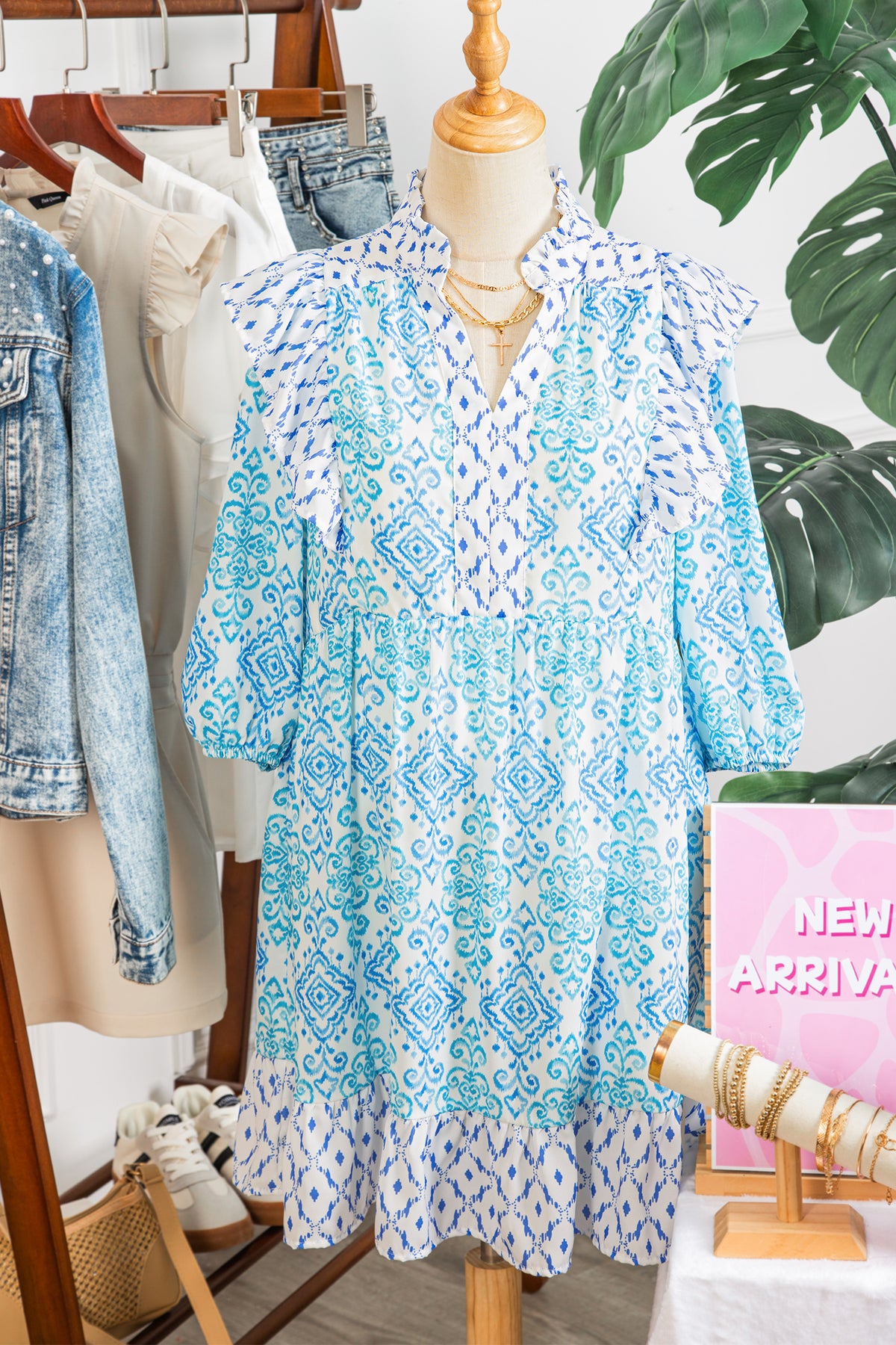 Sky Blue Boho Floral Geometric Patchwork Ruffle Puff Sleeve Mini Dress