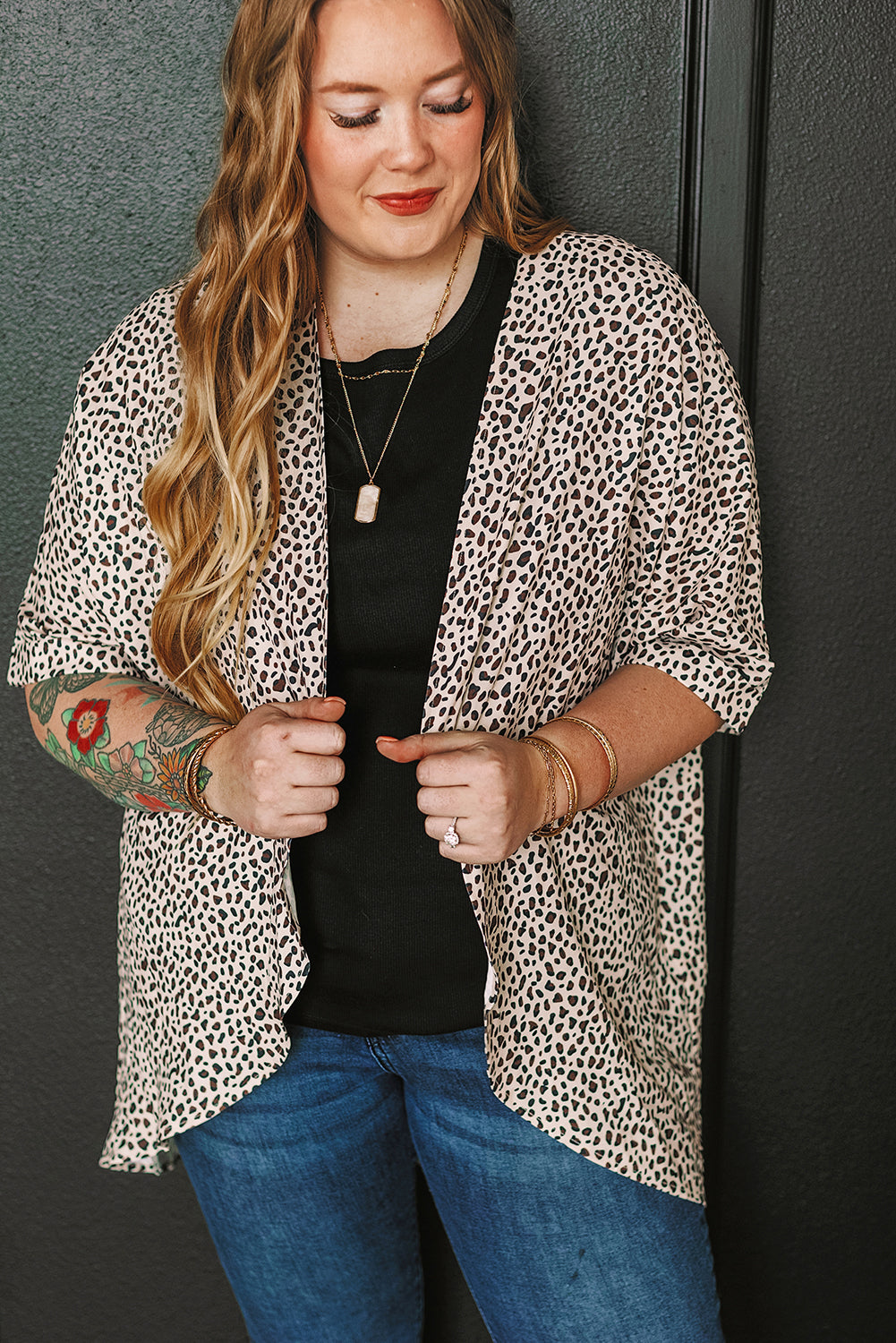Khaki Plus Size Leopard Print Half-Sleeve Open-Front Cardigan