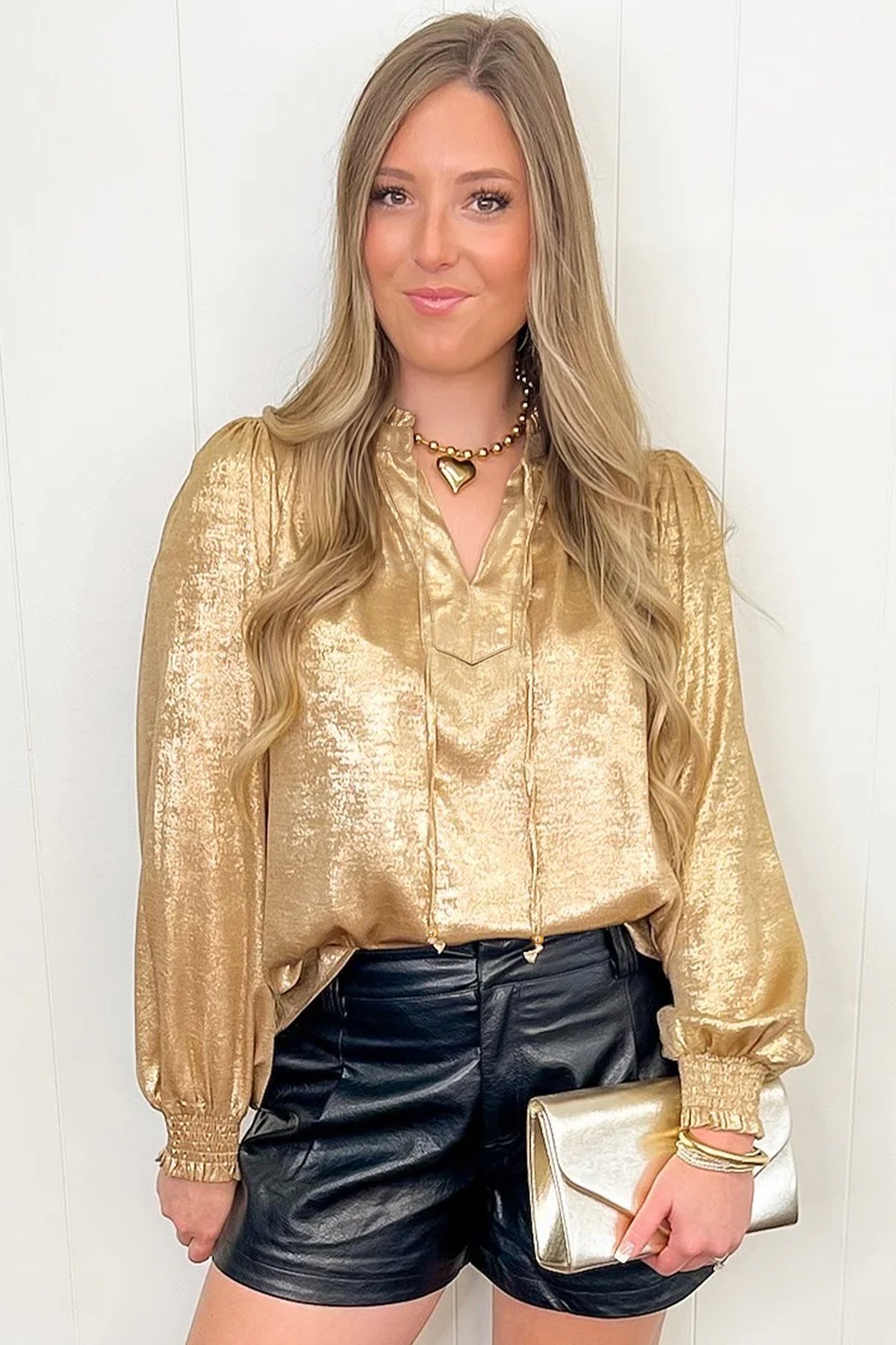 Gold Metallic Sheen V Neck Gathered Cuff Blouse