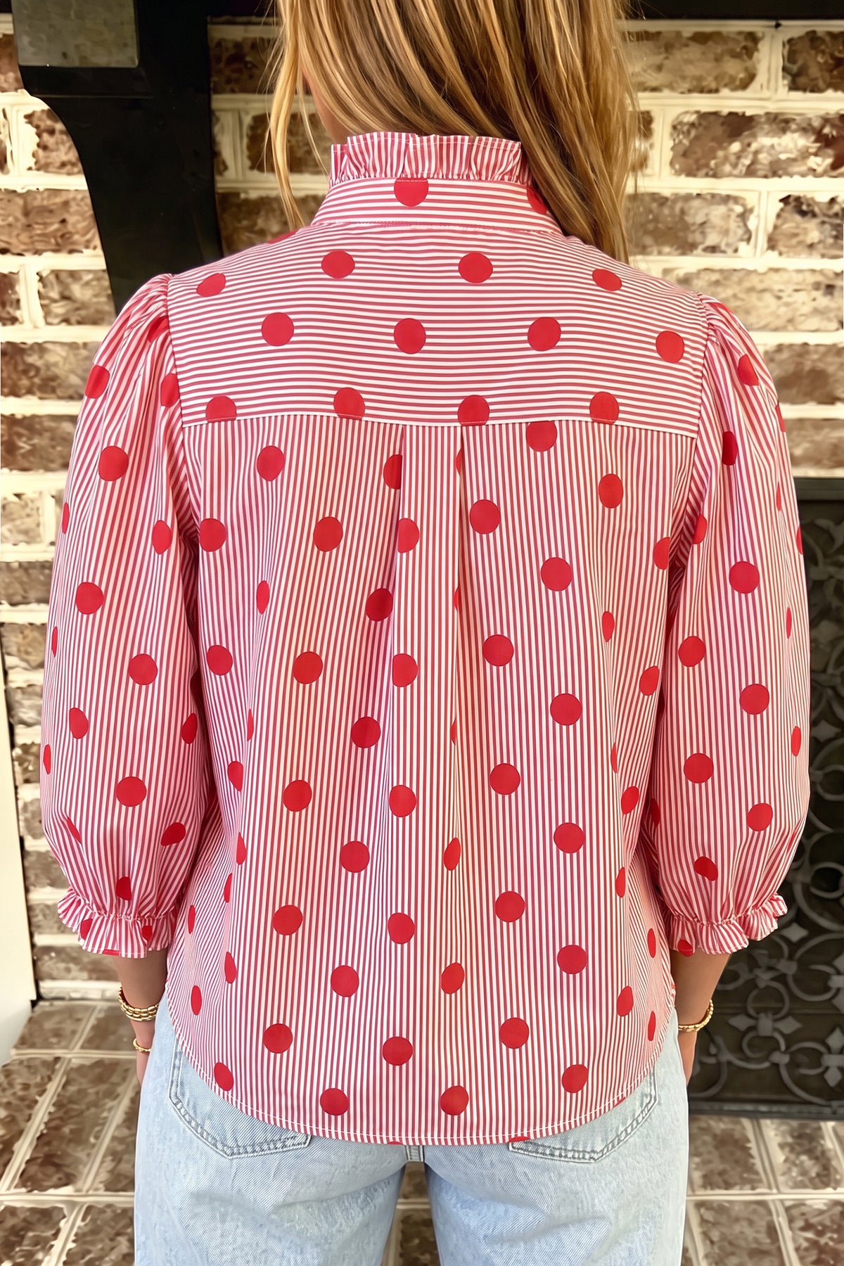Fiery Red Polka Dot Striped Print Ruffle Stand Shirt