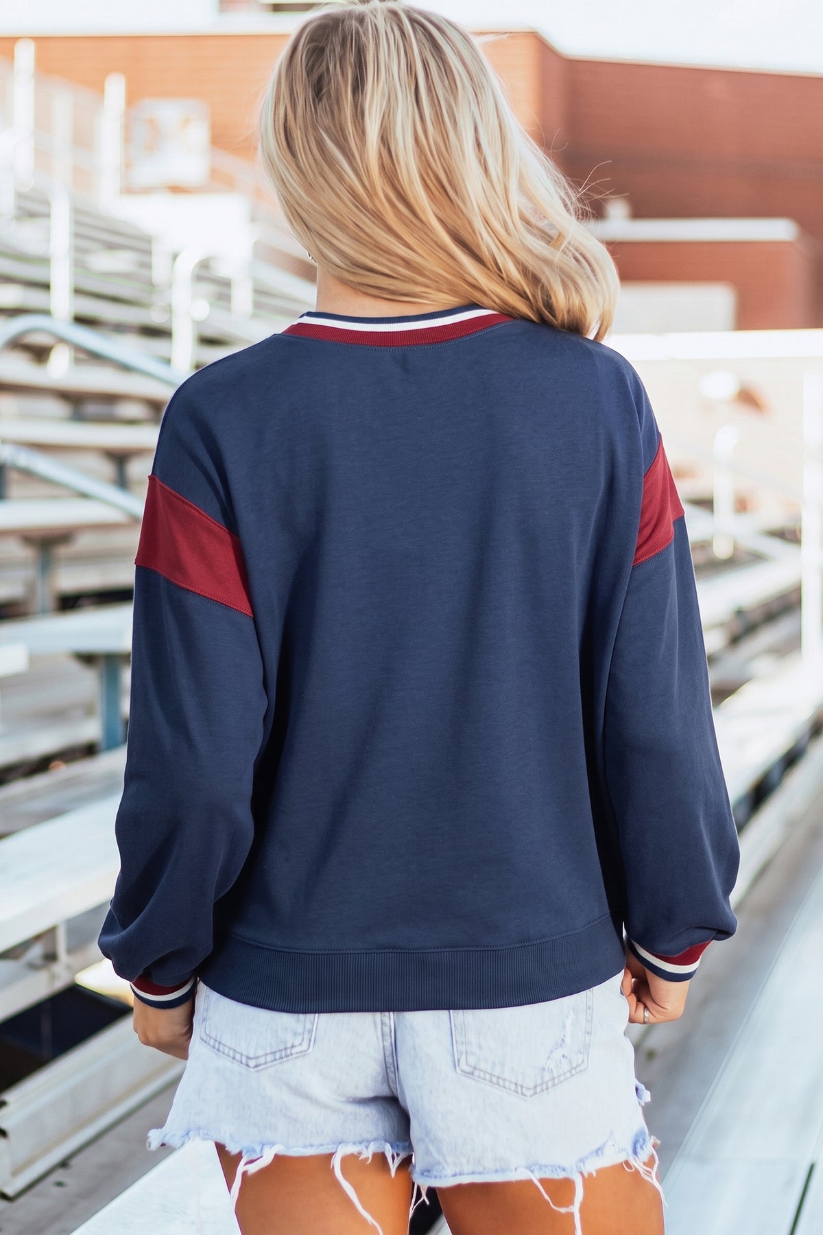 Sail Blue Patchwork Round Neck Sweatshirt