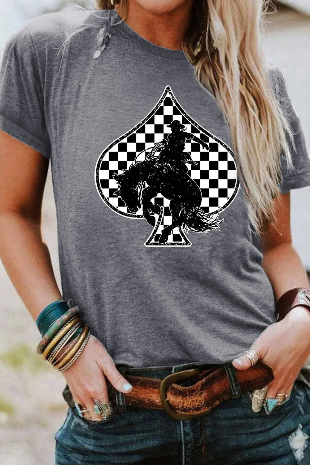 Gray Redeo Check Spades Western Graphic T-Shirt