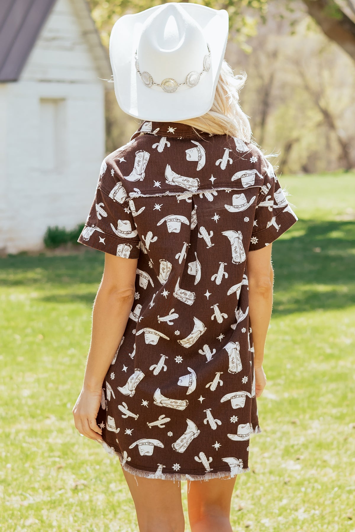 Brown Cowgirl Hats Boots Cactus Print Raw Edge Short Denim Dress