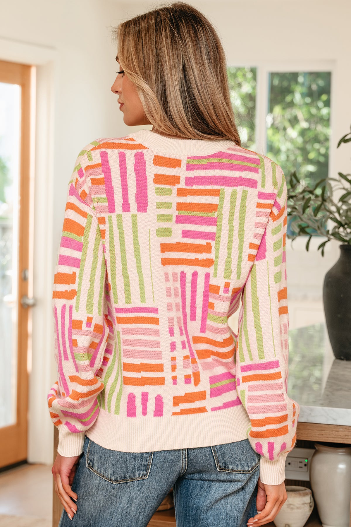 Rose Love Lines Pattern Crew Neck Puff Sleeve Sweater
