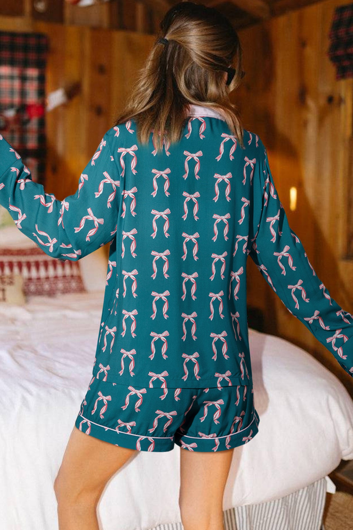 Green Bow Print Silky Long Sleeve Shirt and Shorts Pajama Set
