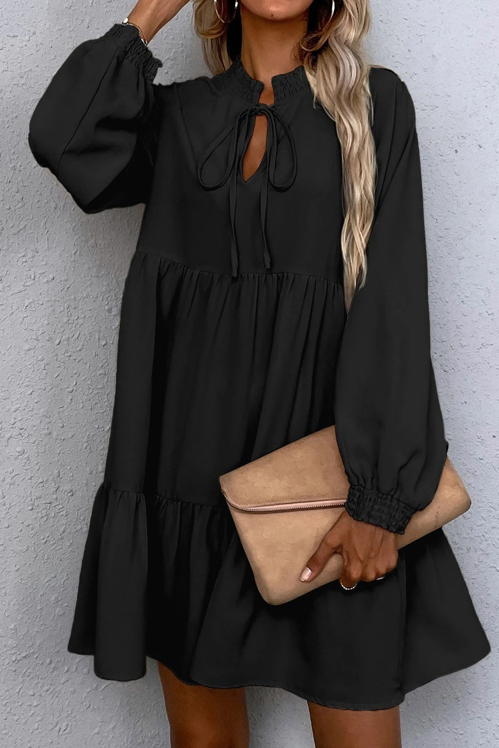 Black Tie Split Neck Smocked Detail Long Puff Sleeve Ruffle Hem Dress