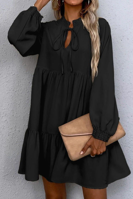 Black Tie Split Neck Smocked Detail Long Puff Sleeve Ruffle Hem Dress