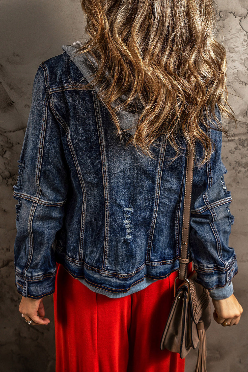 Dark Blue Faux Layered Hooded Zip-Up Denim Jacket