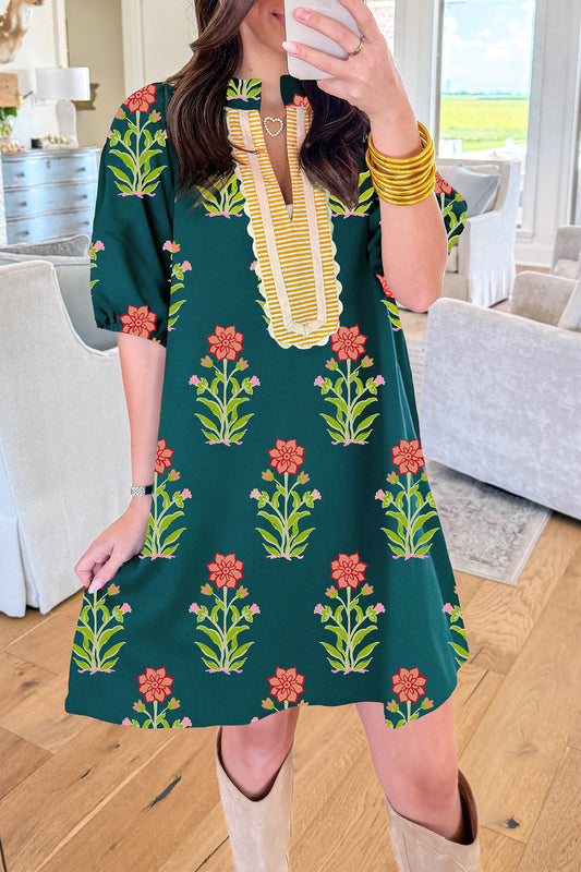 Green Floral Print Striped Patchwork Short Sleeve Dress