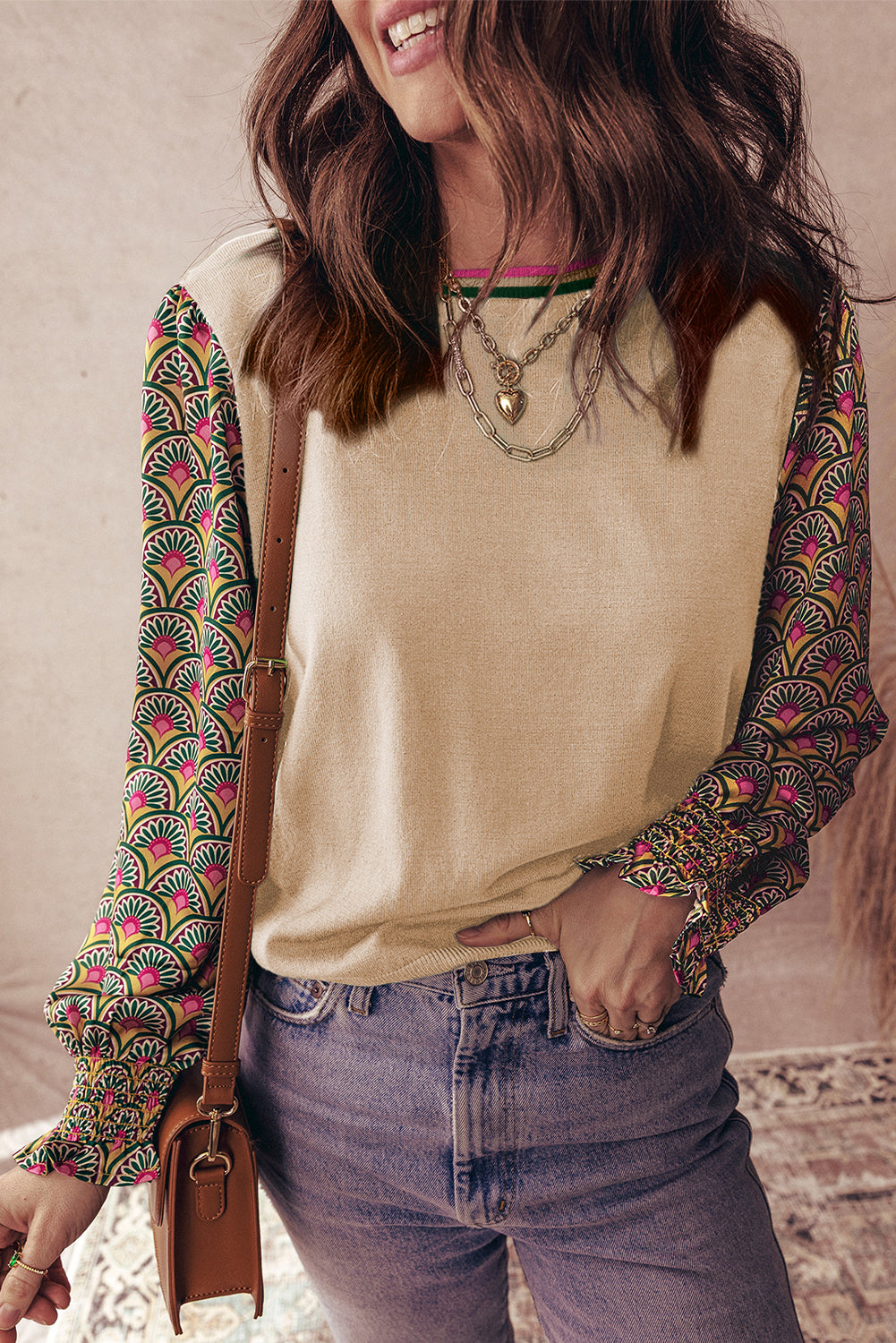 Apricot Floral Patchwork Shirred Cuff Puff Sleeve Sweater