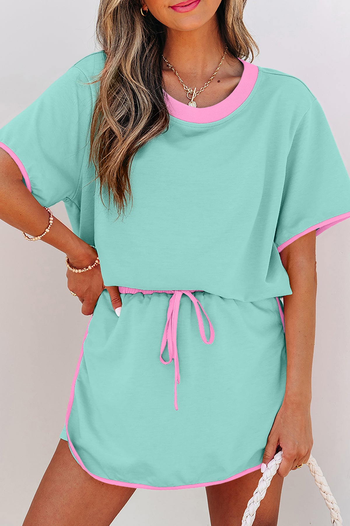 Women's Apricot Colorblock Edge Drop Shoulder T Shirt and Skort Two-Piece Set