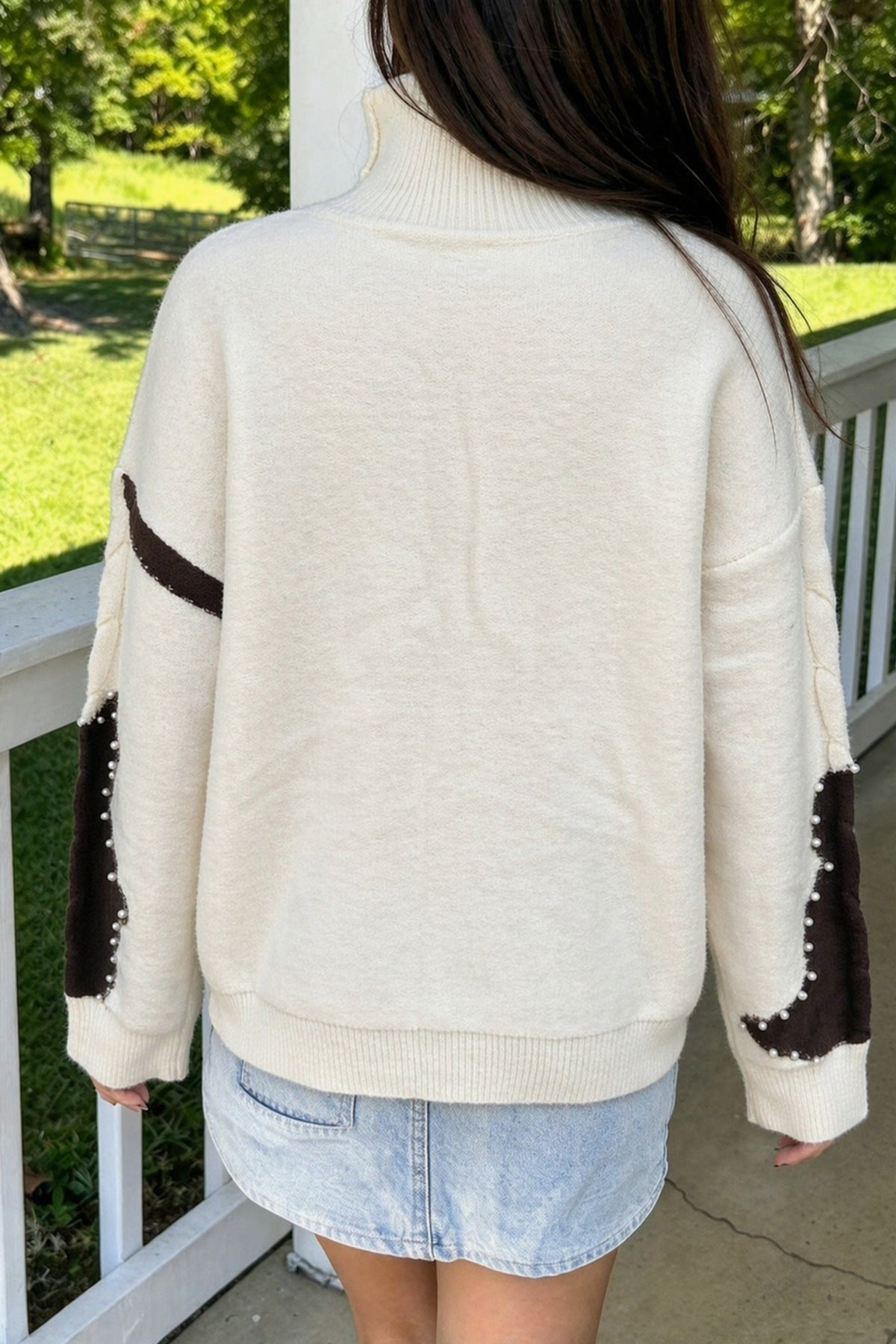 Beige Cable Knit Beaded Western Spots Sweater