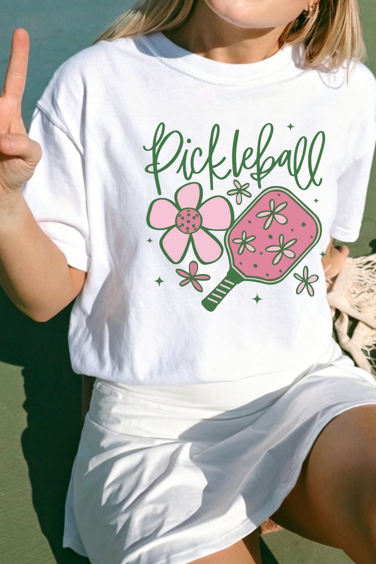 White Pickleball Sweet Flower Printed T-Shirt