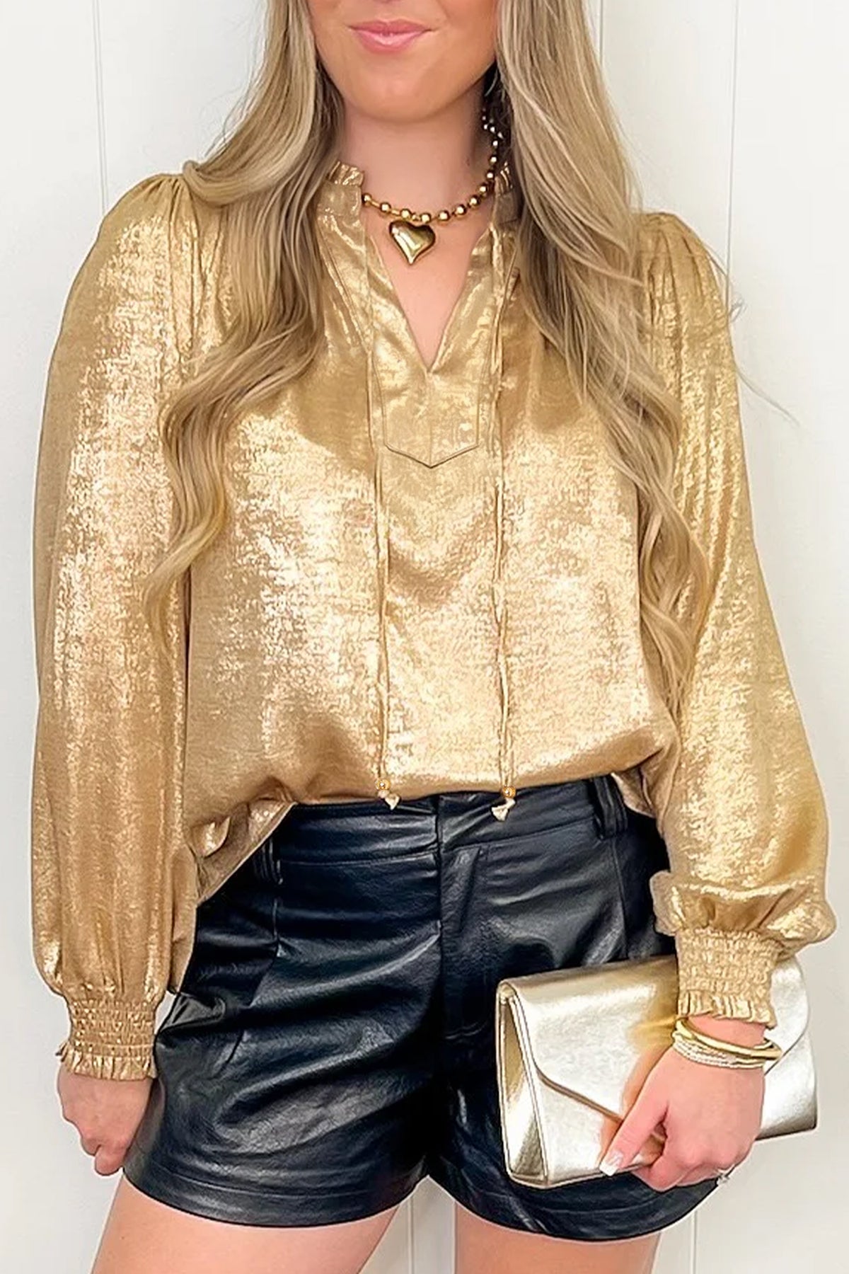 Gold Metallic Sheen V Neck Gathered Cuff Blouse
