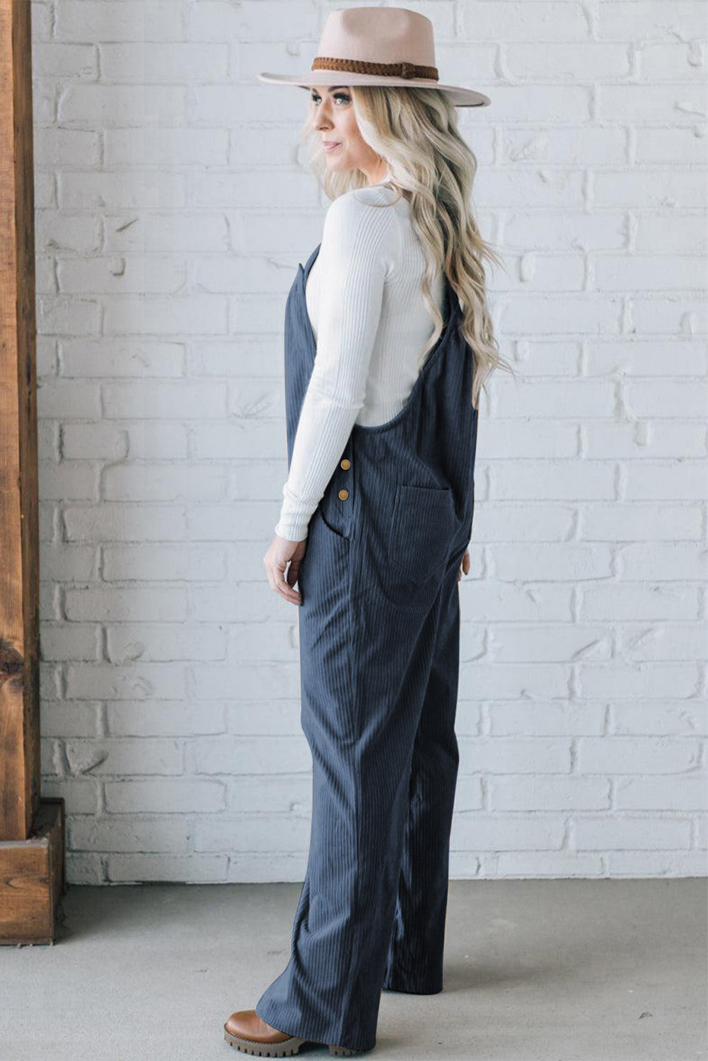 Real Teal Button Adjustable Straps Solid Corduroy Jumpsuit