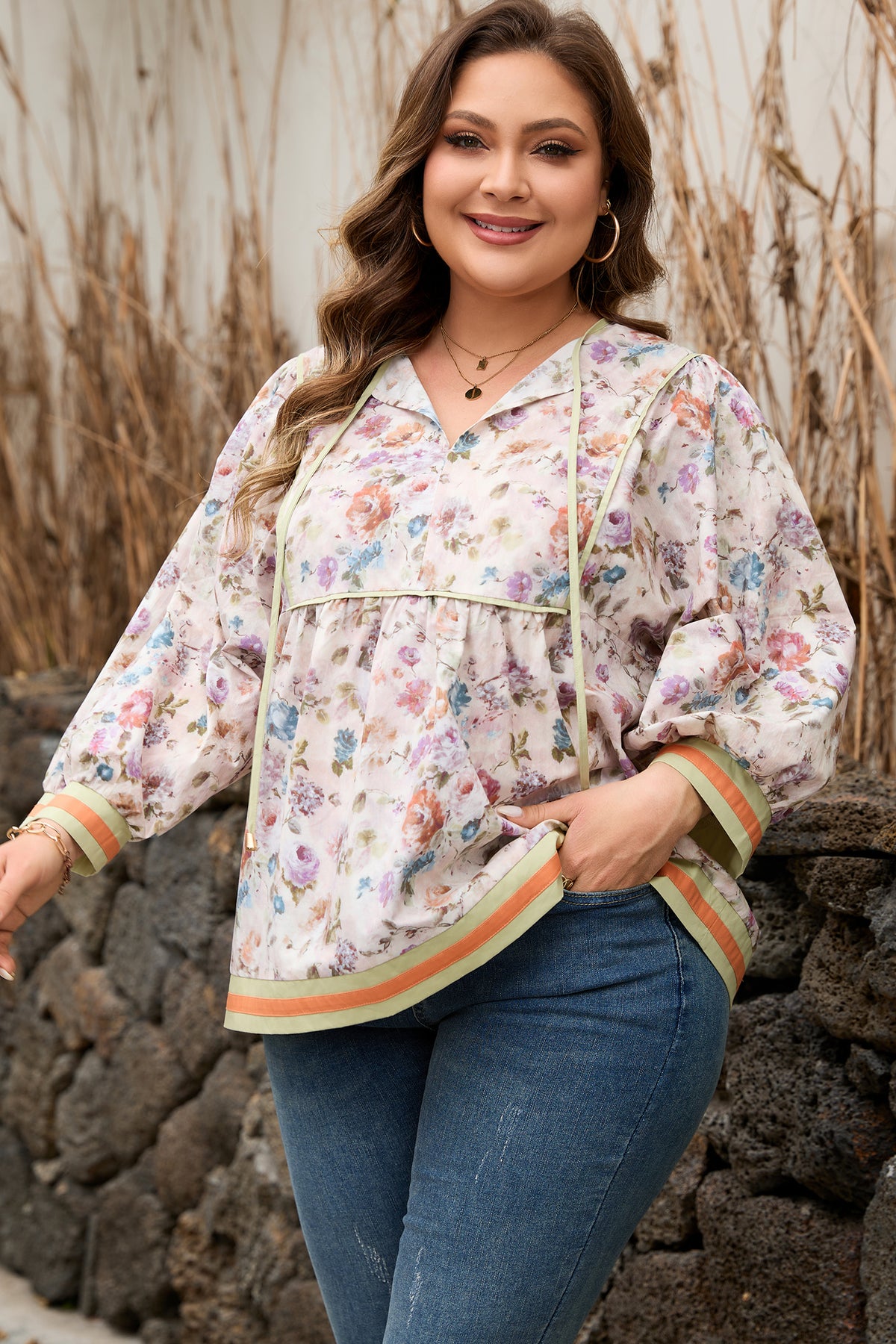 Black Plus Size Floral Print Contrast Trim Striped Detail Babydoll Blouse