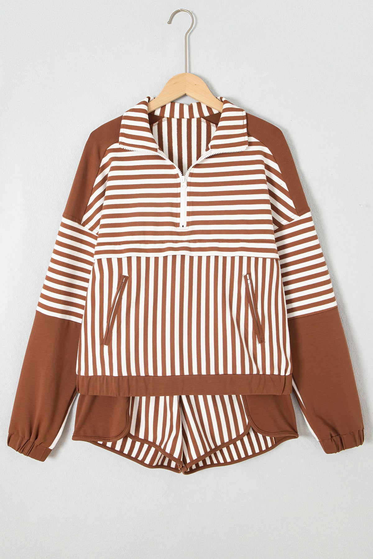 Women's Brown Stripe Color Block Patchwork Quarter Zip Pullover Sporty Shorts Set