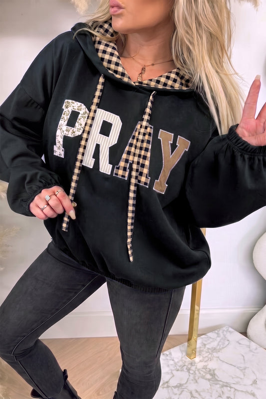 Black PRAY Mix Pattern Plaid Contrast Drawstring Hoodie
