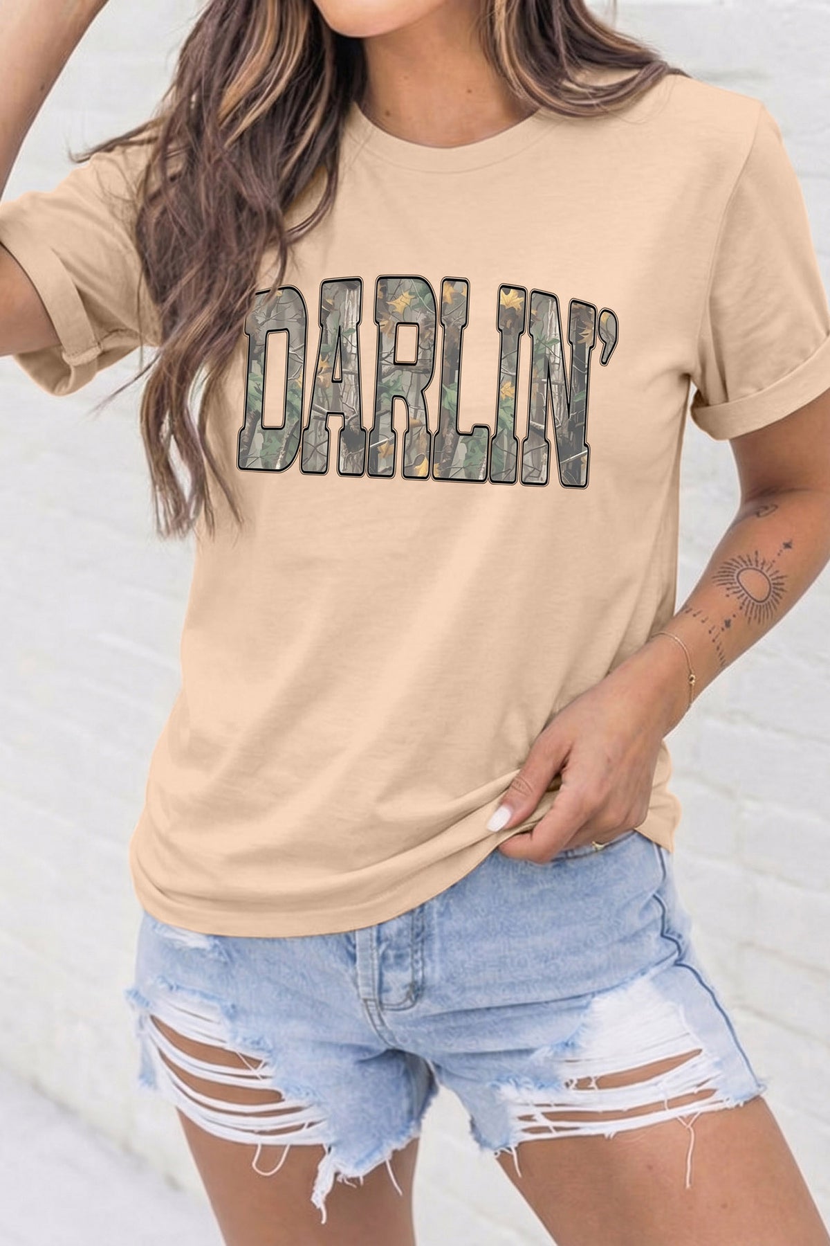 Khaki DARLIN Camo Letter Print Crewneck T-Shirt