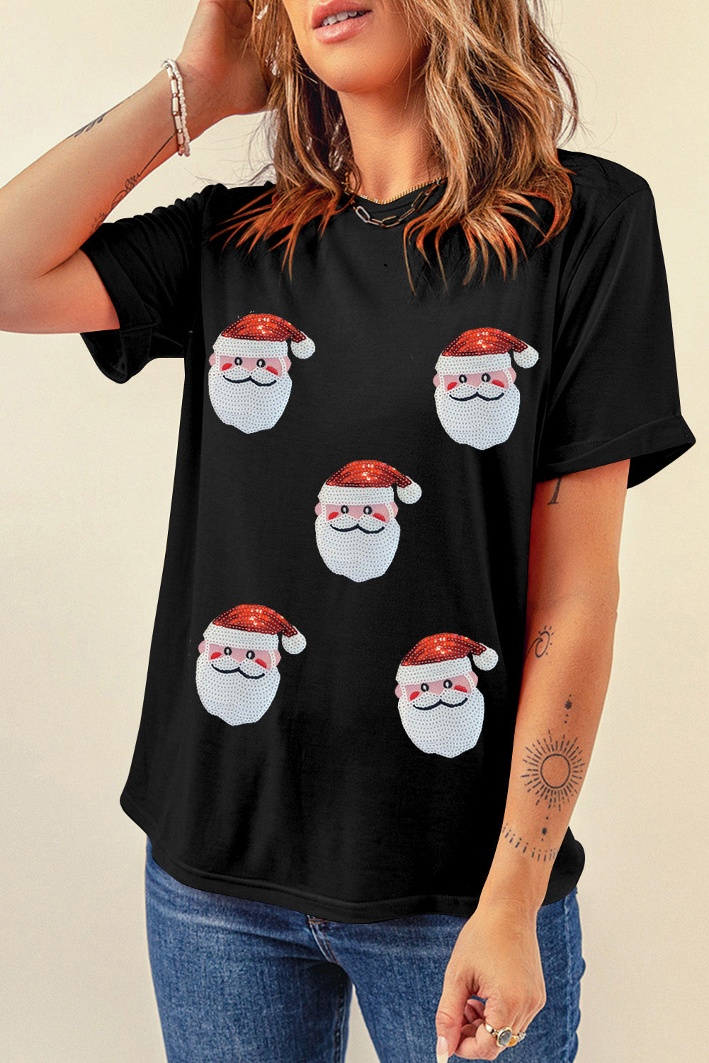 Black Faux Sequin Christmas Claus Pattern Crewneck T-Shirt