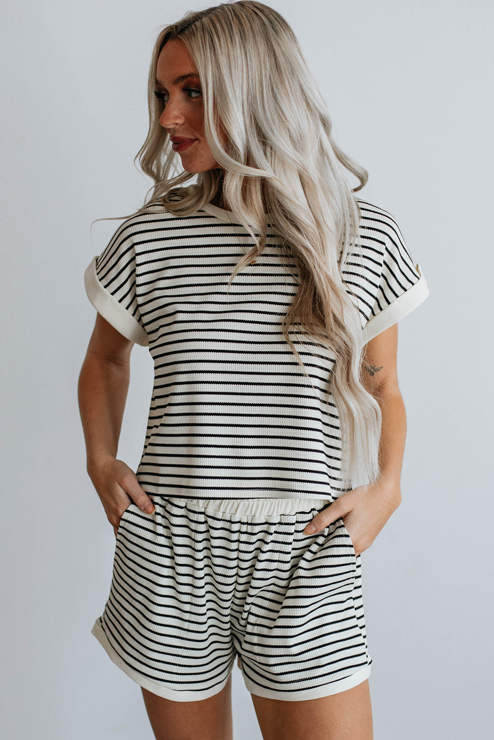 Women's White Stripe Contrast Edge Tee and Shorts Set