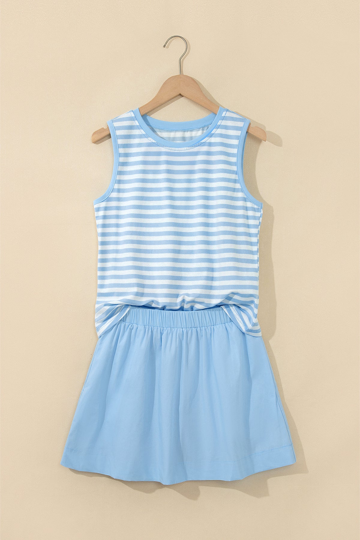 Women's Sky Blue Stripe Slim Tank Contrast Ruffle Mini Skort Set