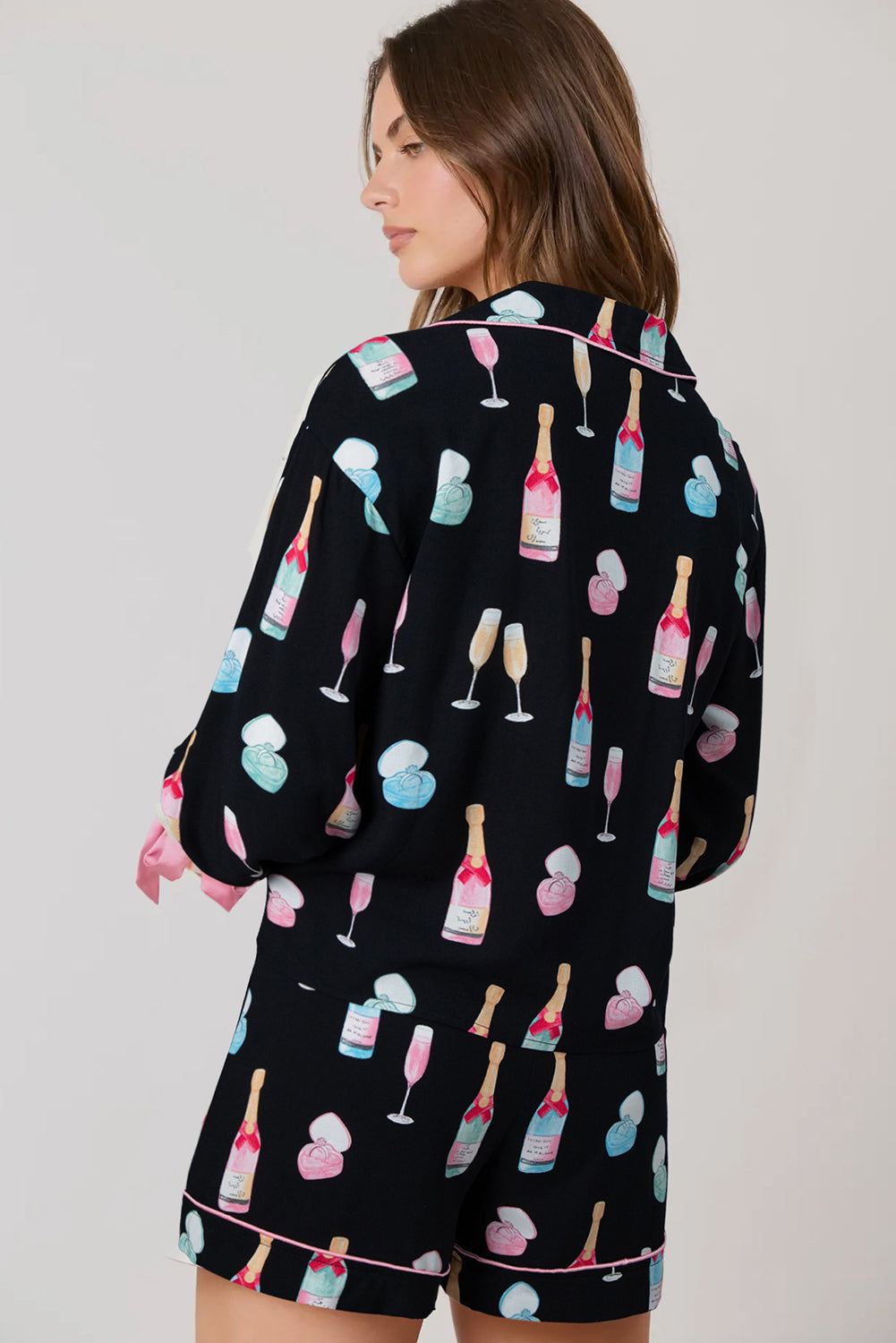 Black Christmas Wine Glass Print Bow Knot Pajama Set