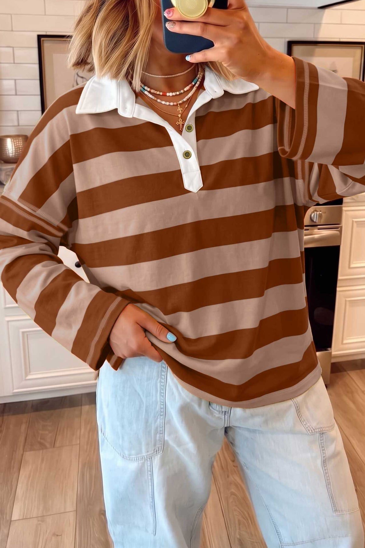 Blue Stripe Contrast Polo Collar Bracelet Sleeve Top