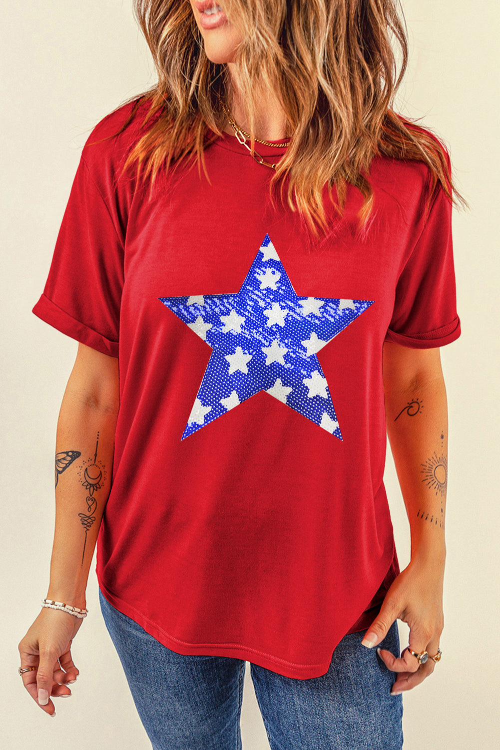 Red Sequin Star Graphic Crewneck T-Shirt