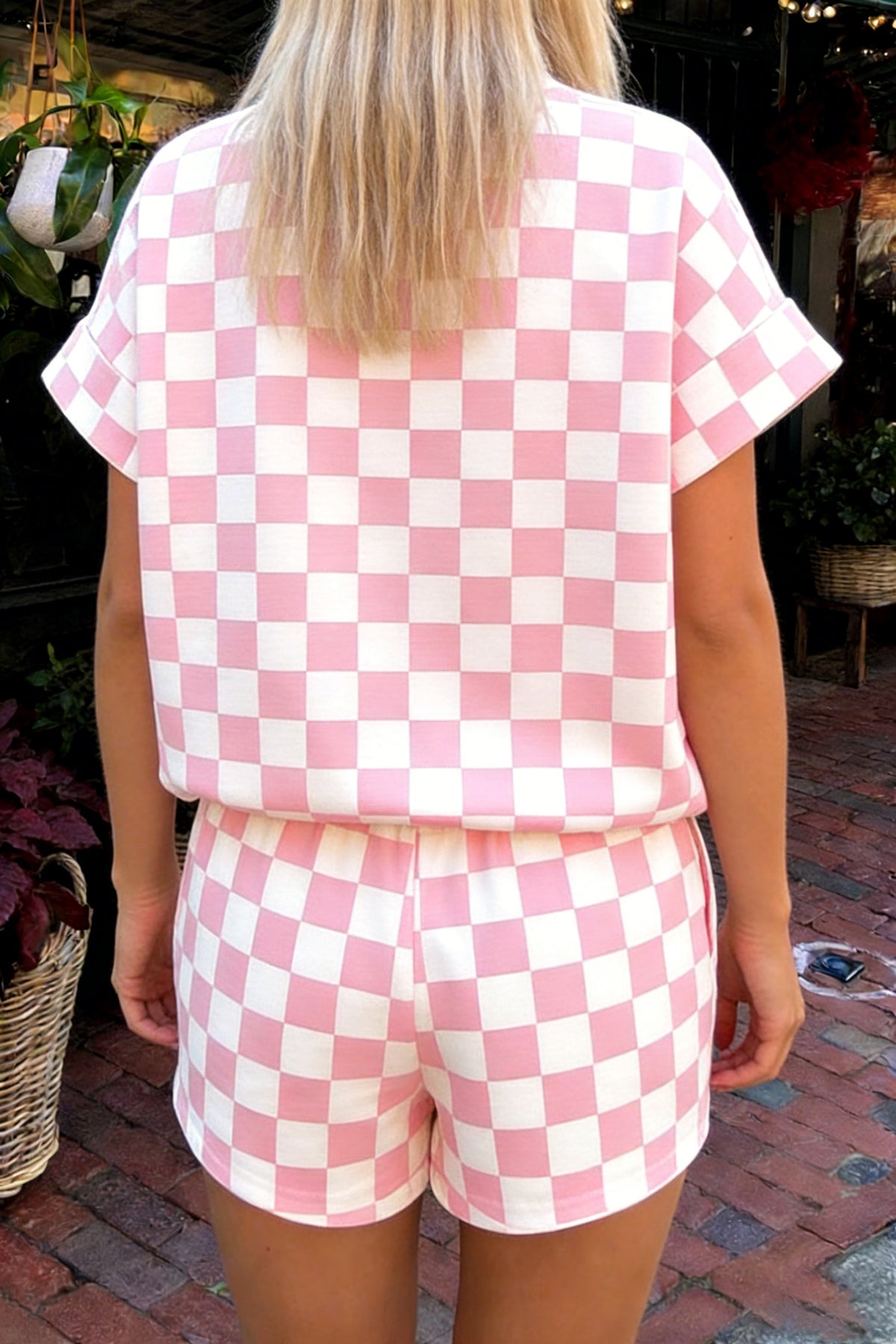Women's Pink Checkered Print Color Block Trim Mock Neck Shorts Two-Piece Set