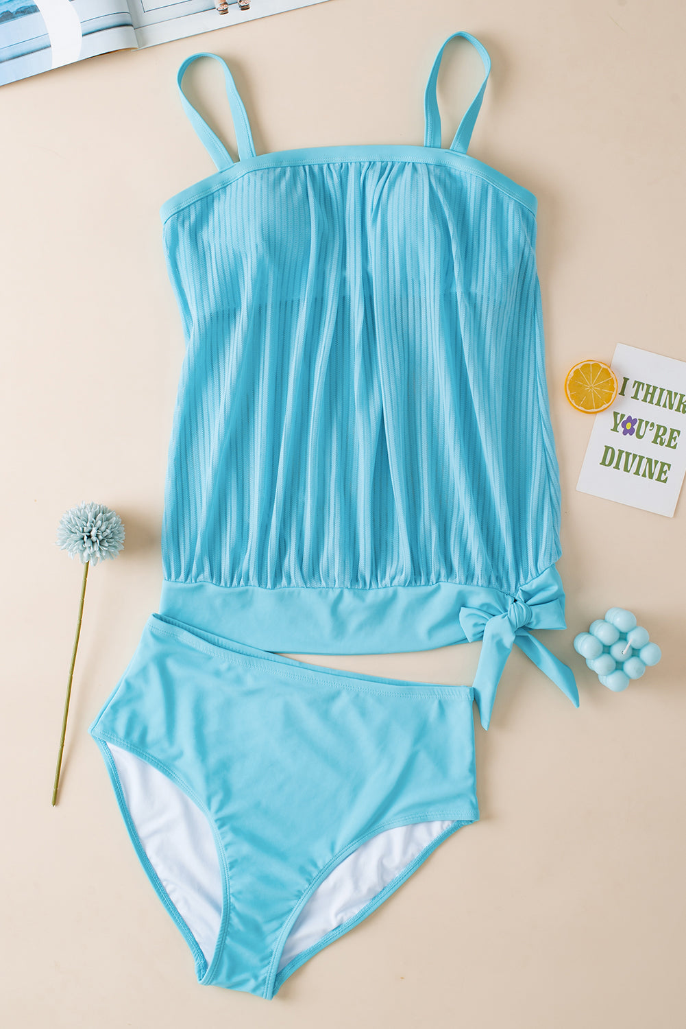 Turquoise Striped Mesh Tankini