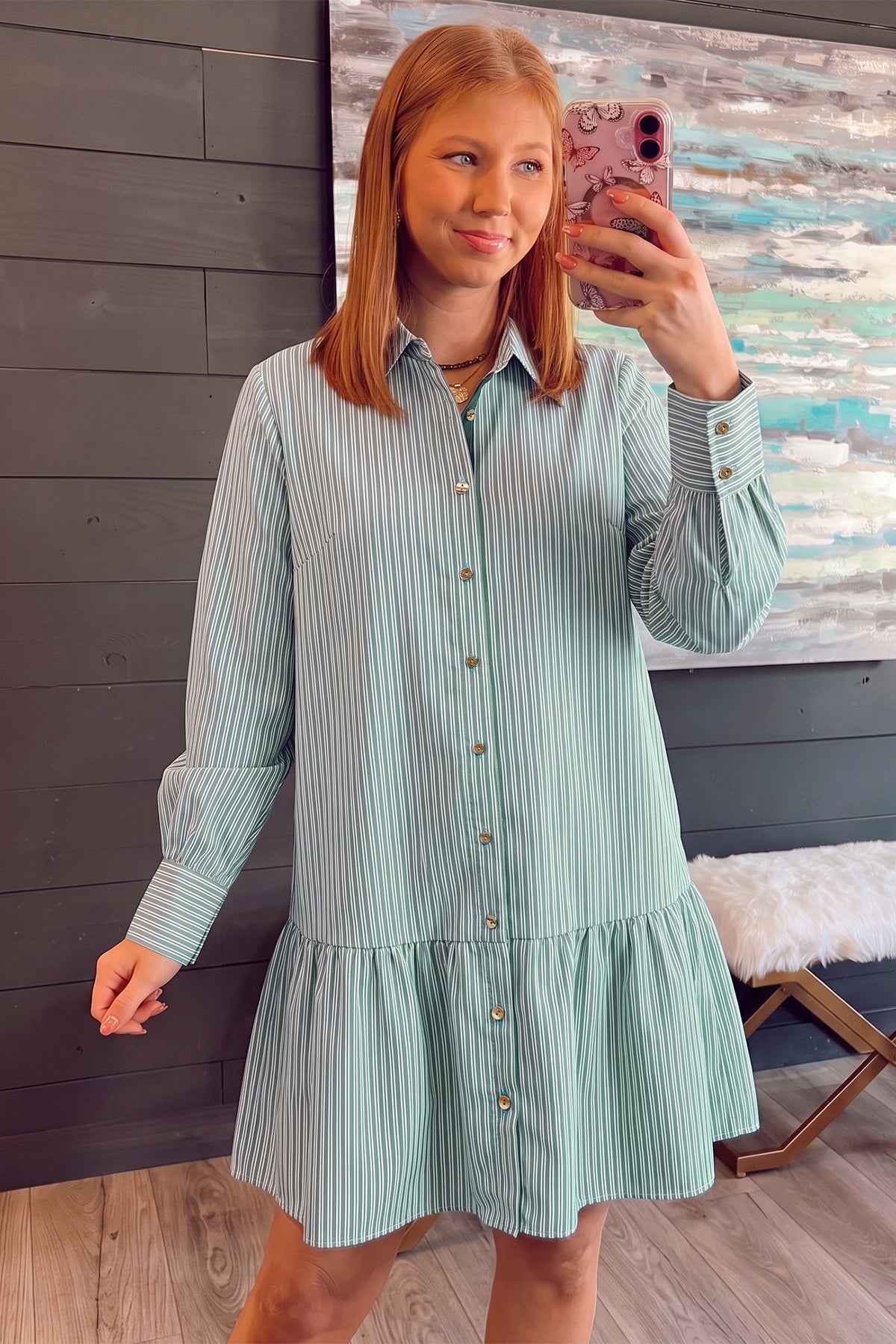 Green Stripe Shift Long Sleeve Dress