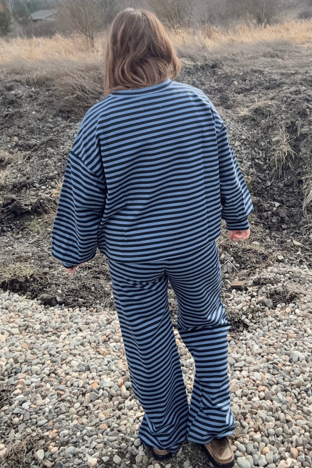 Blue Stripe Long-Sleeve Drawstring-Waist Plus Size Lounge Pants Set