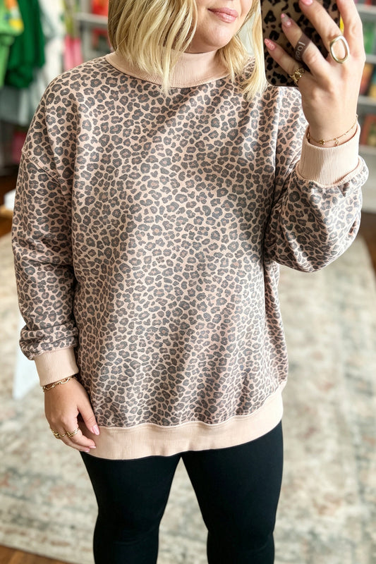 Multicolour Plus Size Leopard Print Ribbed Mock Sweatshirt