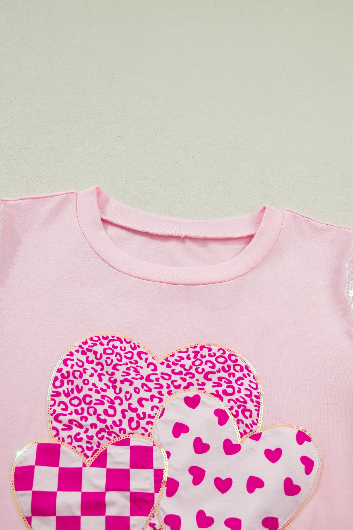 Light Pink Three Hearts Sequin Trim Contrast Sleeve Patchwork Tee