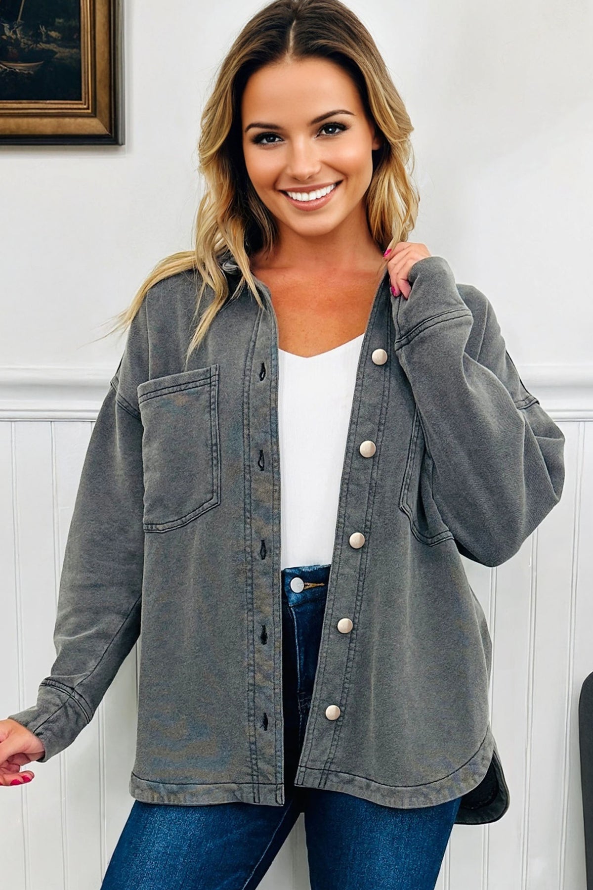 Medium Grey Mineral Wash Chest Pockets Shacket with Side Slit