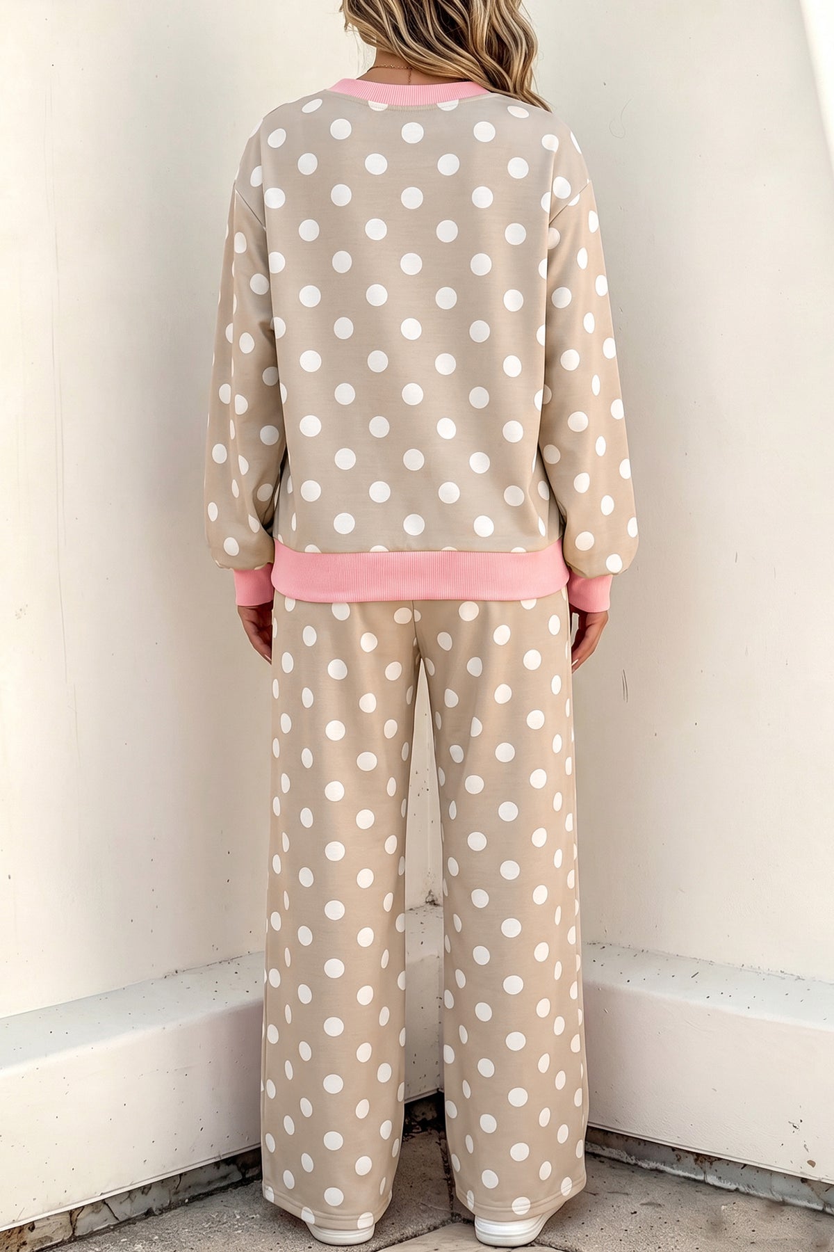 Women's Sky Blue Polka Dot Contrast Trim Long-Sleeve Top Drawstring Shift Pants Set