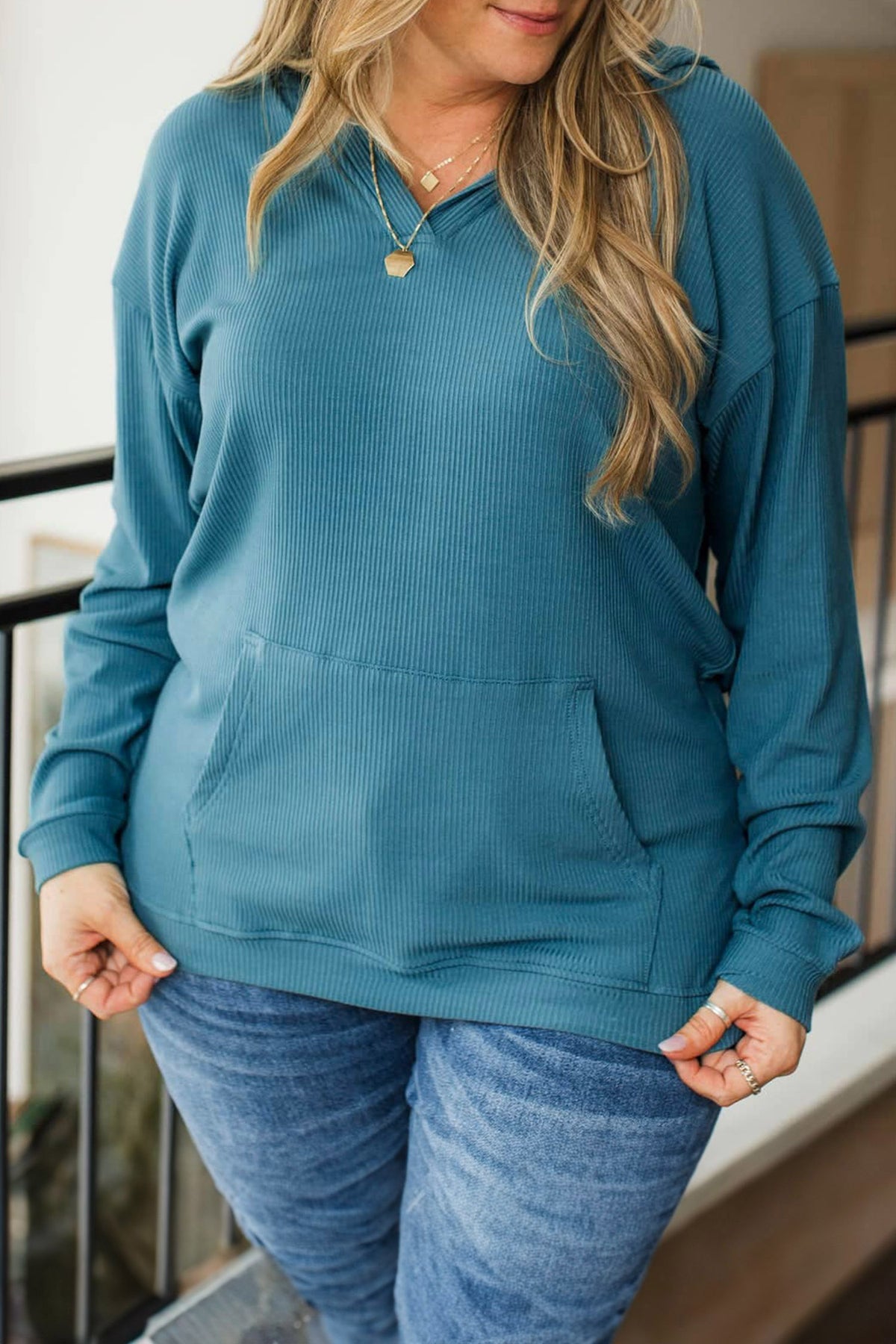 Lapis Ribbed Drop-Shoulder Long-Sleeve Plus Size Blouse