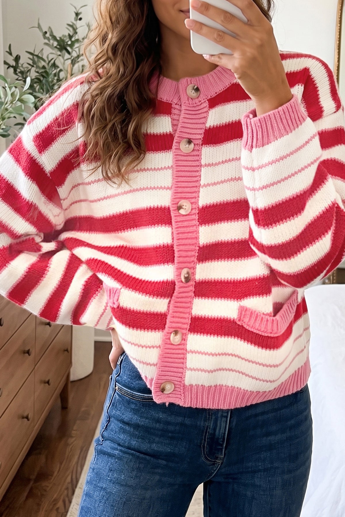 Red Stripe V Neck Long Sleeve Cardigan