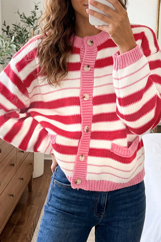 Red Stripe V Neck Long Sleeve Cardigan