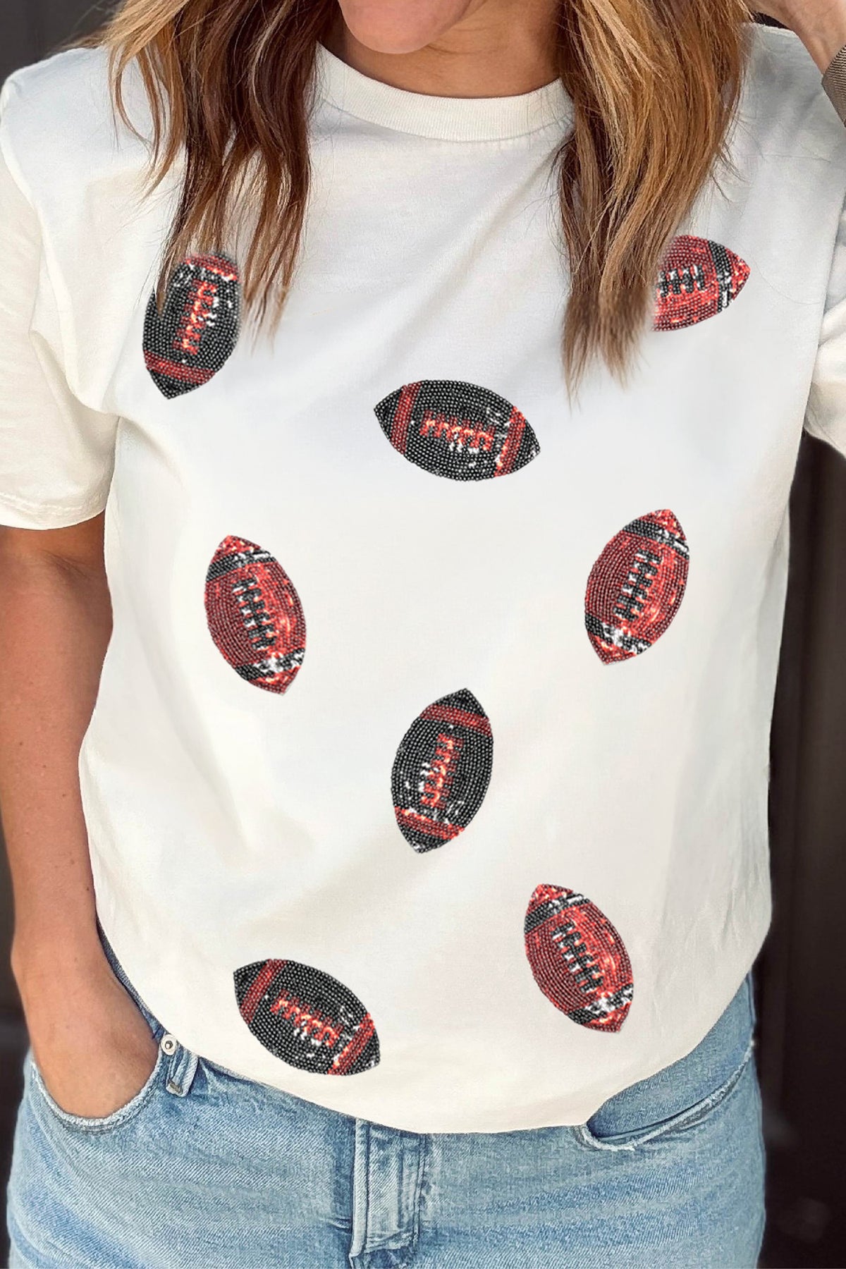 White Sequin Rugby Pattern Round Neck Casual T-Shirt