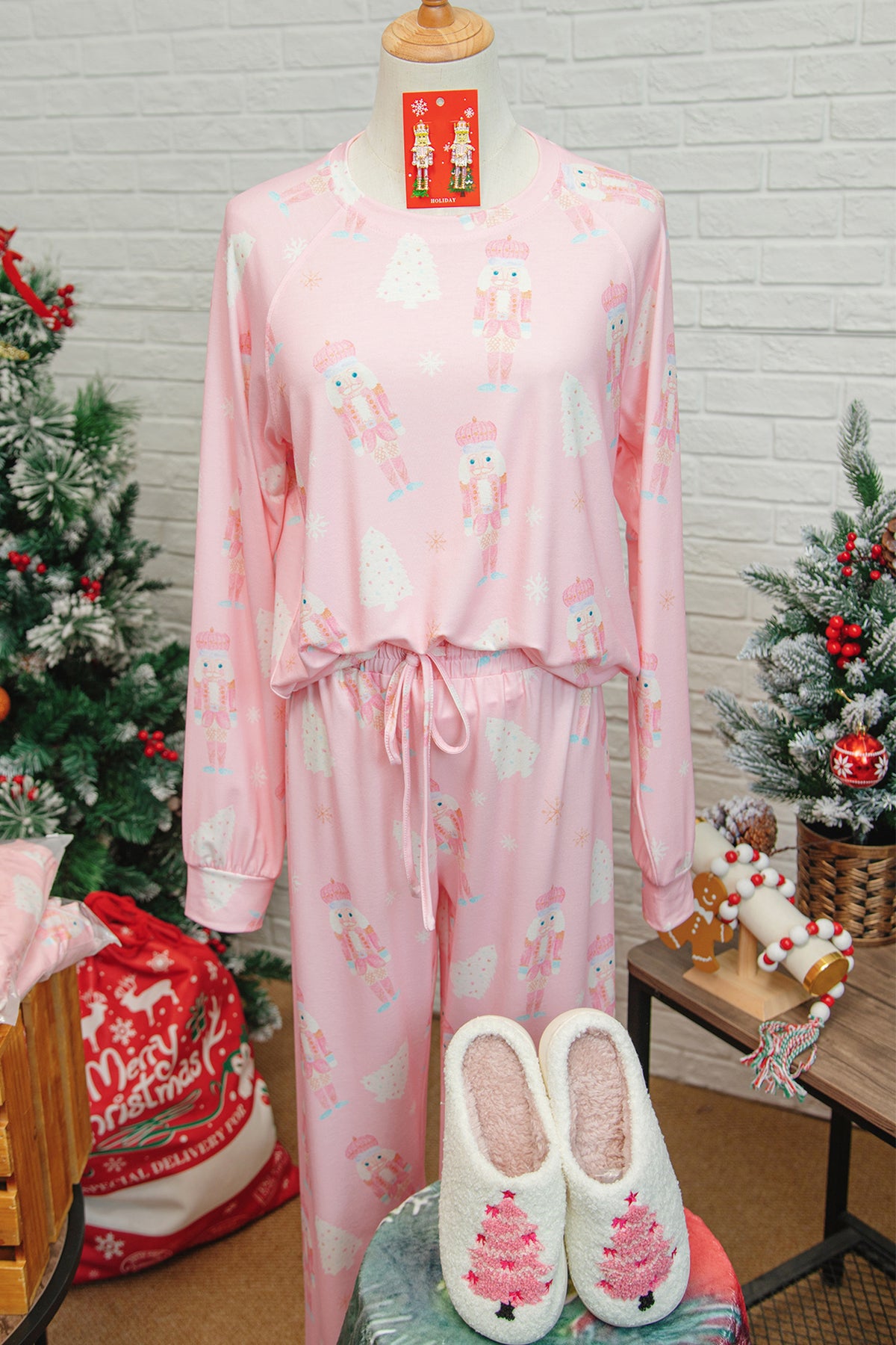 Pink Christmas Tree Nutcracker Print Lounge Pant Set