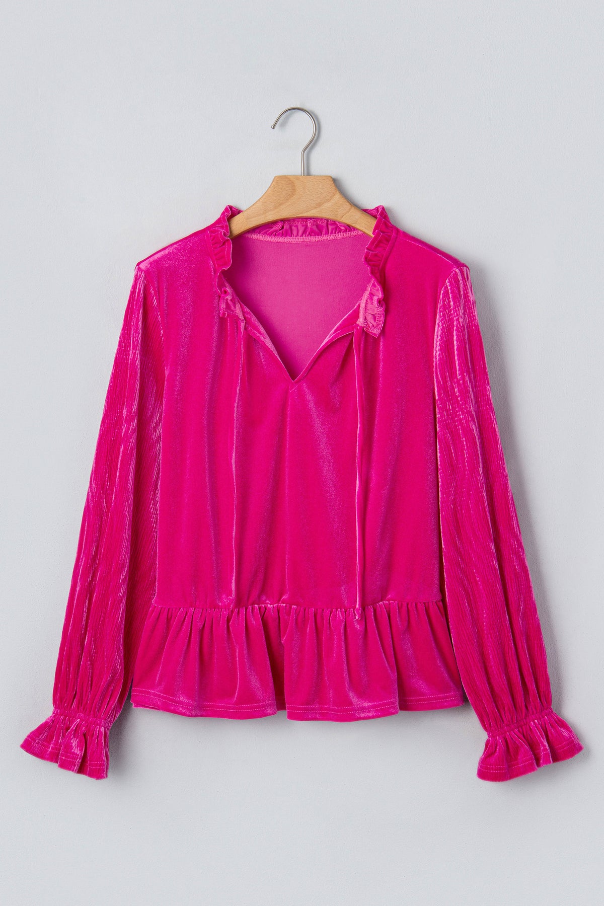 Strawberry Pink V Neck Velvet Ruffled Cuffs Hem Top