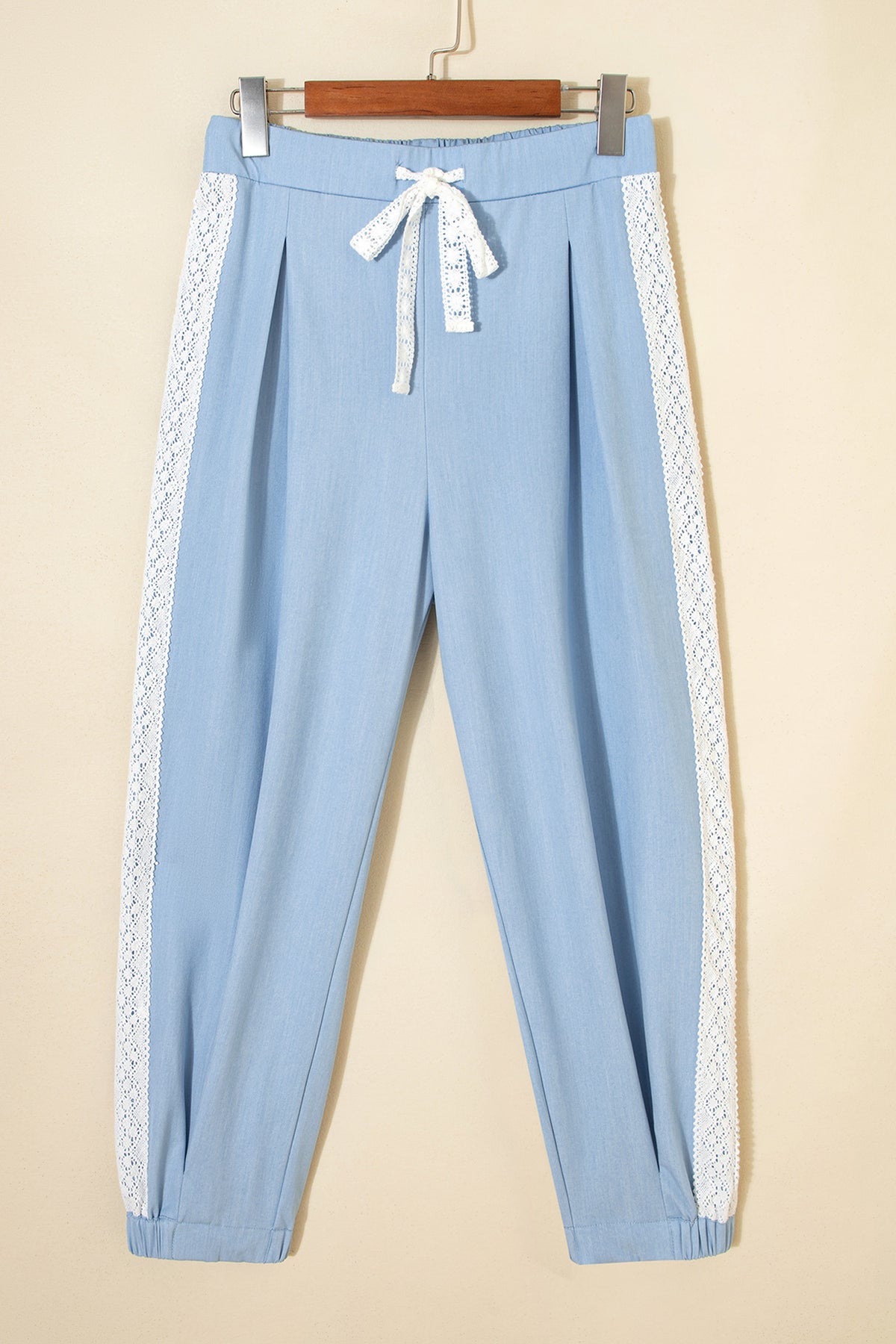 Beau Blue Lace Accent Floral Patched Pocket Pleated Wide Leg Pants