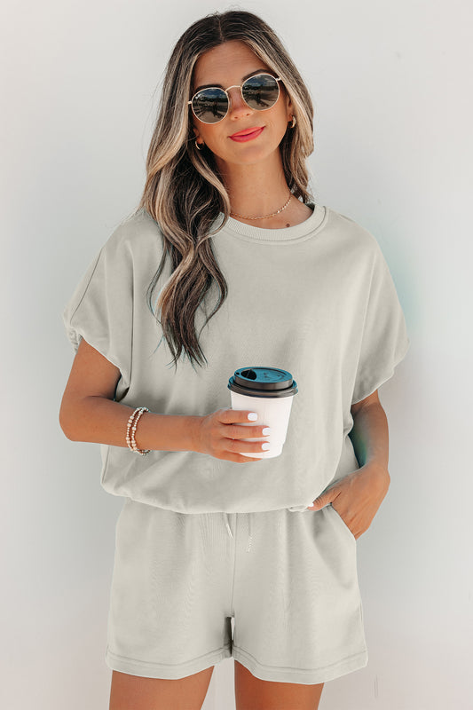 Smoke Gray Solid Color Puffy Loose Top Drawstring Shorts Set