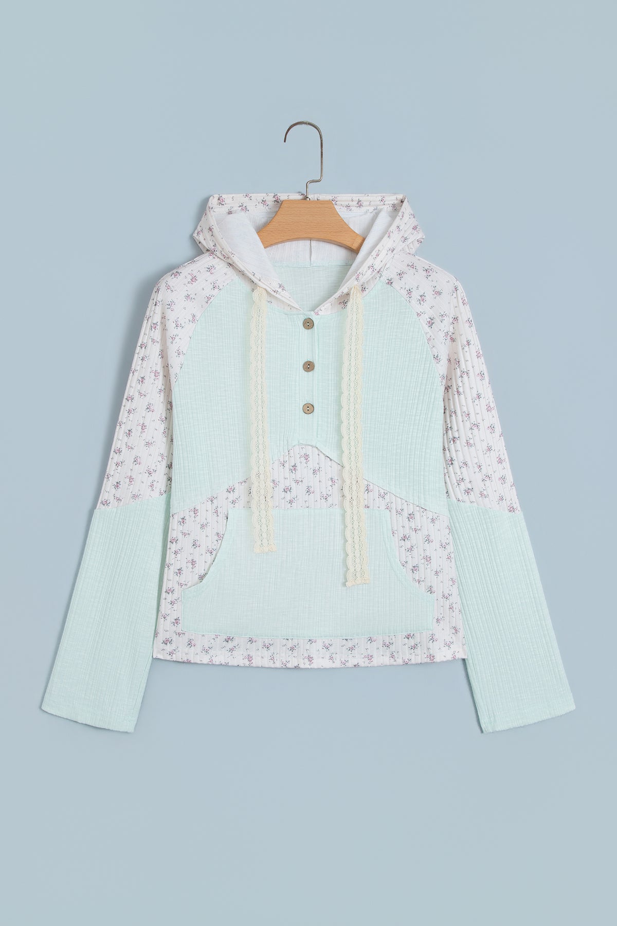 Clearly Aqua Textured Floral Patchwork Button Hooded Top