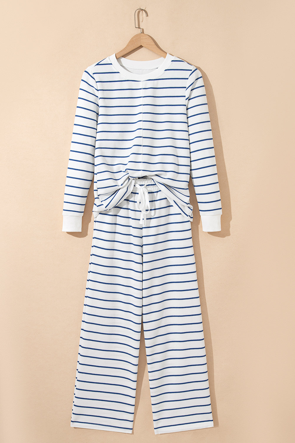 Women's Sail Blue Striped Long-Sleeve Top Wide Leg Pants Two-Piece Outfit Set