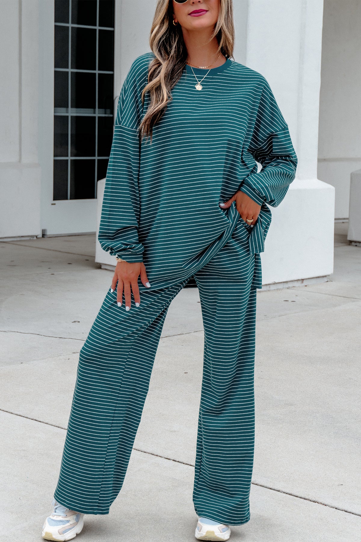 Women's Green Stripe Dropped Shoulder Long-Sleeve Top Pants Two-Piece Set