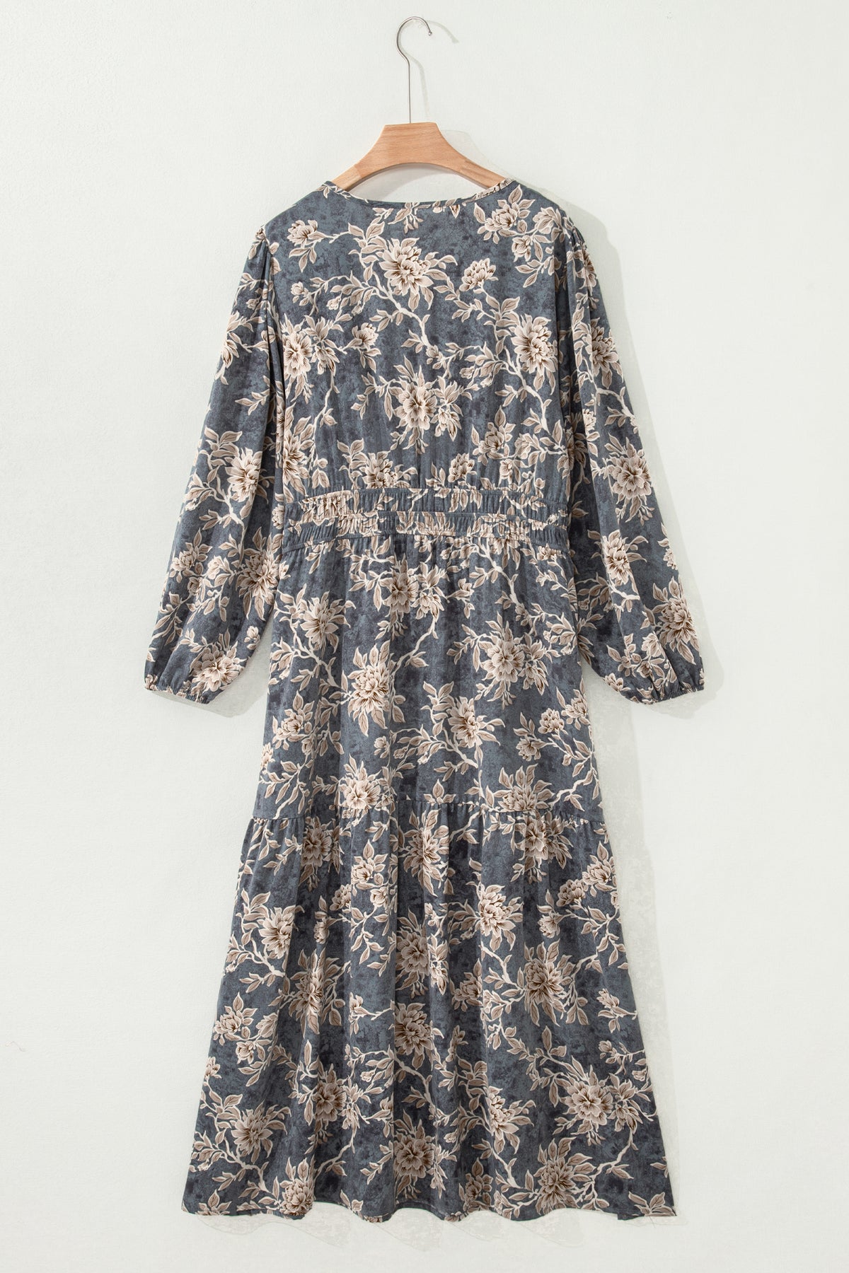 Sky Blue Plus Size Floral Print Split Neck Shirred High Waist Long-Sleeve Maxi Dress